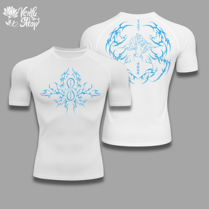 Gojo anime-inspired White t-shirt with blue designs on a gray background