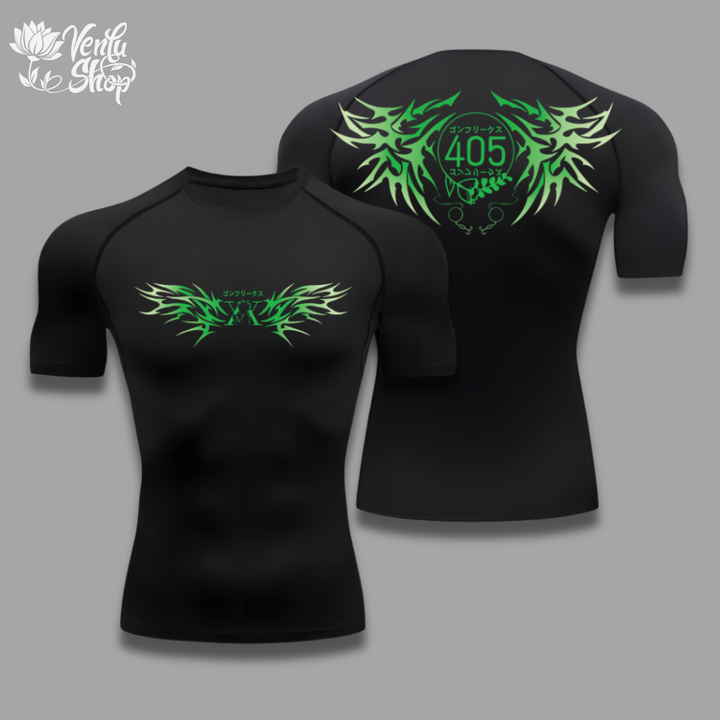 Gon anime-inspired Black t-shirt with green tribal design on a gray background