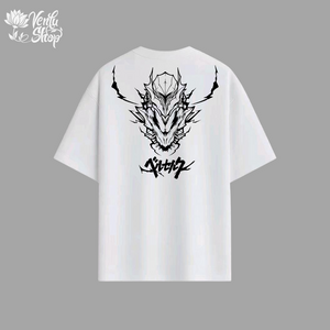 Guts anime-inspired  White t-shirt with black dragon design on the back against a gray background