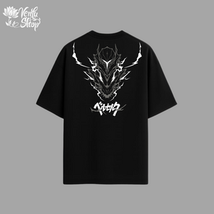 Guts anime-inspired Black t-shirt with white dragon design and text on a gray background