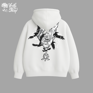 Itachi anime-inspired White hoodie with black dragon design on the back against a gray background