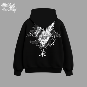 Itachi anime-inspired Black hoodie with white graphic design on a gray background