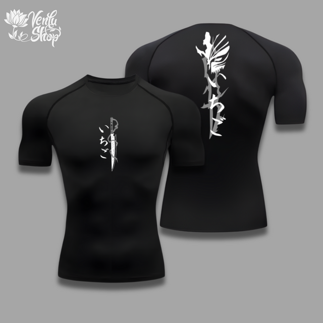  Ichigo Compression Shirt 2.0  A short sleeve compression shirt with a black color and white anime-style character design, displayed in both front and back views.