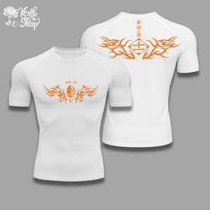 Ichigo anime-inspired White t-shirt with orange tribal design on a gray background