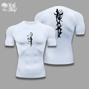  Ichigo Compression Shirt 2.0  A short sleeve compression shirt with a black color and white anime-style character design, displayed in both front and back views.