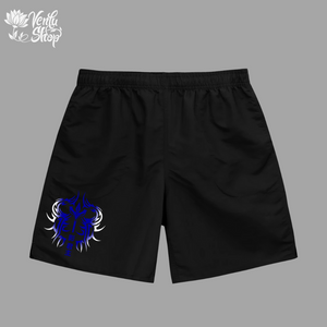 Igris anime-inspired Black shorts with a blue and white design on a gray background