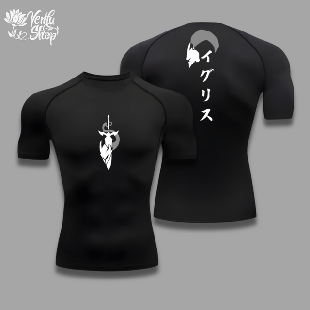 Igris Compression Shirt A short sleeve compression shirt with a white graphic on the front and Japanese characters on the back. The shirt is black and the graphic includes a character that resembles a bird or a wing.