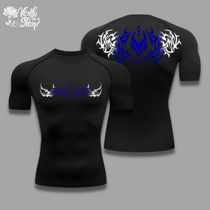 Igris anime-inspired  Black t-shirt with blue and white tribal design on a gray background