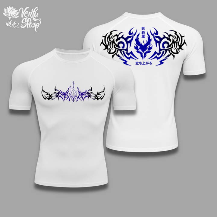 Igris anime-inspired White t-shirt with blue and black tribal design on a gray background