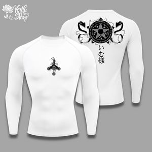 Imu anime-inspired White long-sleeve shirt with black designs on a gray background