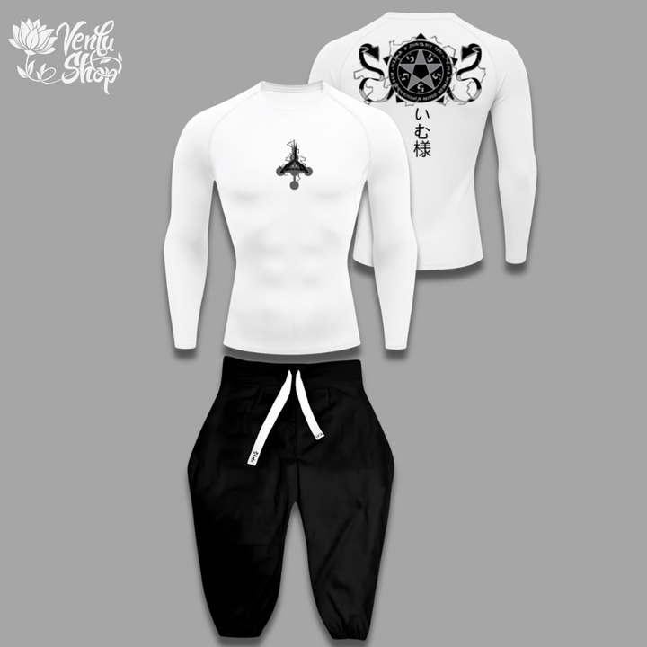 Imu anime-inspired White long-sleeve shirt with black designs on a gray background, featuring the brand 'Verita Shop'.