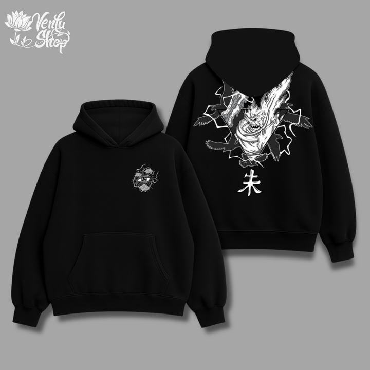 Itachi anime-inspired Black hoodie with white designs on a gray background