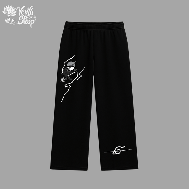 Itachi anime-inspired  Black pants with white graphics on a gray background
