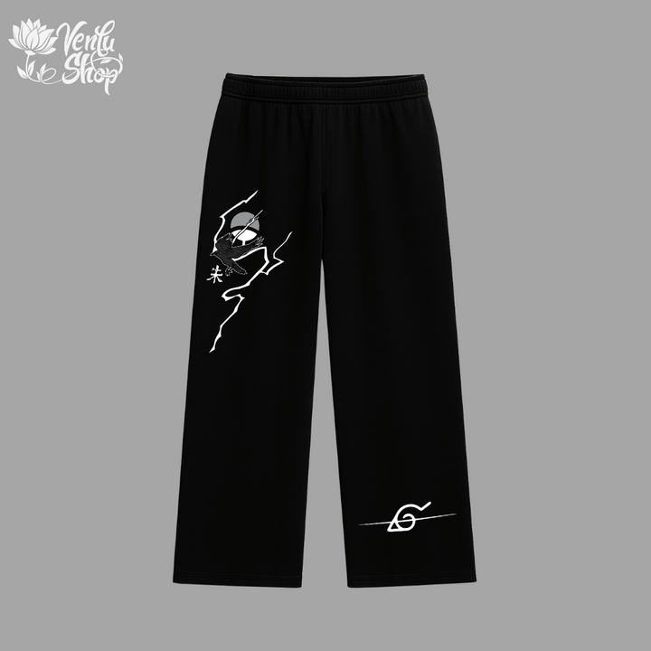 Itachi anime-inspired  Black pants with white graphics on a gray background