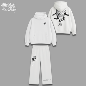 Itachi anime-inspired White hoodie and pants set with black graphics on a gray background, featuring the Verita Hop brand.