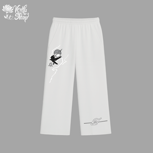 Itachi anime-inspired  White pants with black designs on a gray background