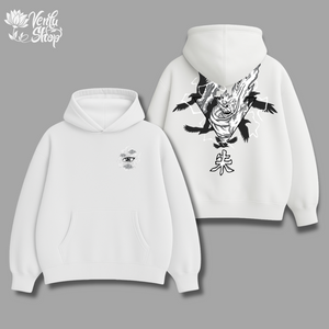 Itachi anime-inspired White hoodie with black designs on a gray background