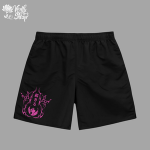 Jin Woo anime-inspired Black shorts with pink dragon design on a gray background