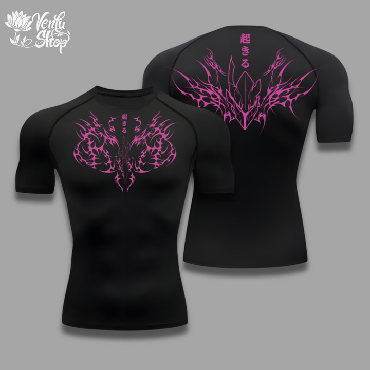 Sung Jin Woo anime-inspired Black t-shirt with pink tribal design on a gray background