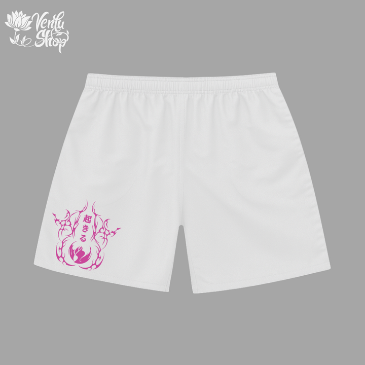 Jin Woo anime-inspired White shorts with pink floral design on a gray background