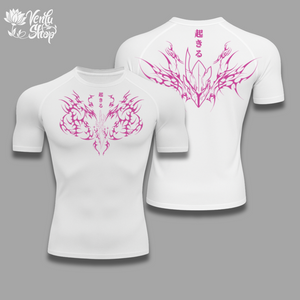 Sung Jin Woo anime-inspired White t-shirt with pink butterfly design on a gray background