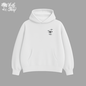 Itachi anime-inspired White hoodie with a small design on the chest against a gray background
