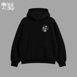 Itachi anime-inspired Black hoodie with a small white graphic on the chest against a gray background