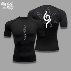 Kakashi Compression Shirt A white short sleeve compression shirt with a character from anime design on the front and a floral and character design on the back.