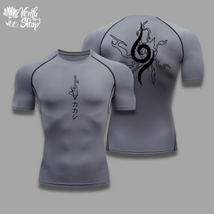Kakashi Compression Shirt A white short sleeve compression shirt with a character from anime design on the front and a floral and character design on the back.