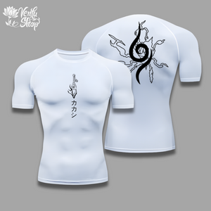 Kakashi Compression Shirt A white short sleeve compression shirt with a character from anime design on the front and a floral and character design on the back.