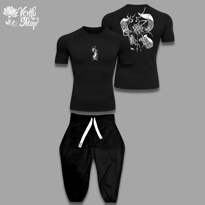 Kaneki anime-inspired Black t-shirt with white graphic design and black pants on a gray background