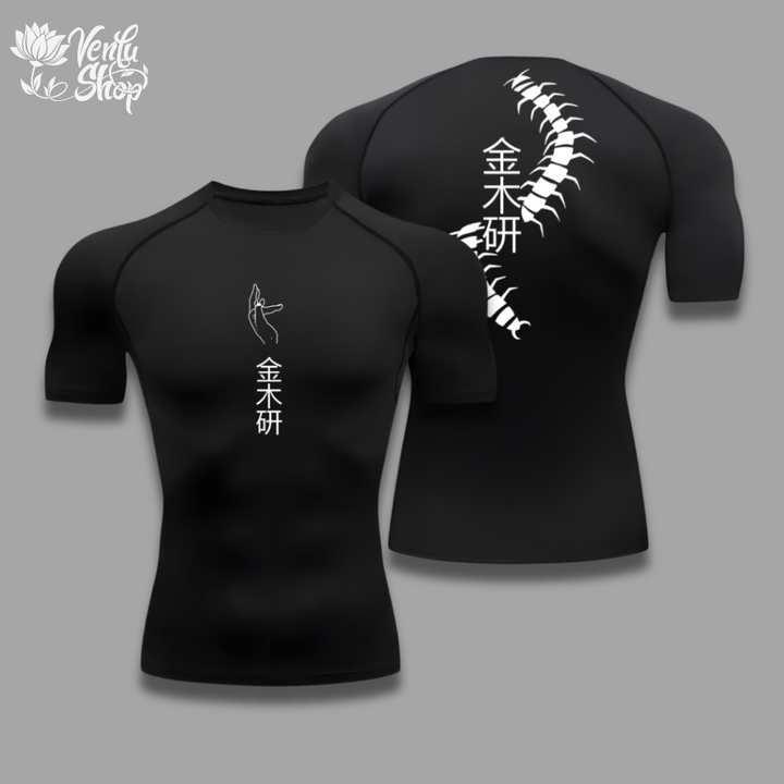  Kaneki Compression Shirt 2.0  A black short sleeve compression shirt with white anime-style character designs and a pattern on the back.