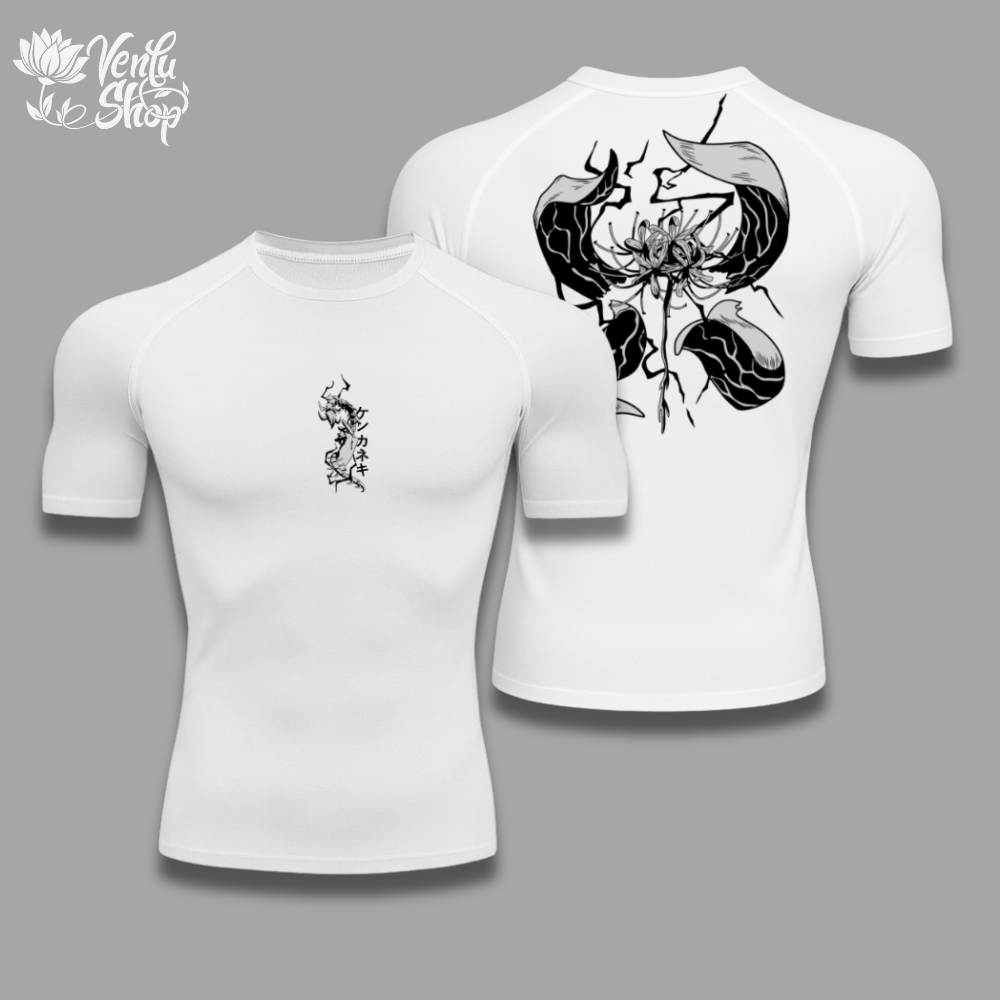 Kaneki anime-inspired White t-shirt with black floral design on a gray background