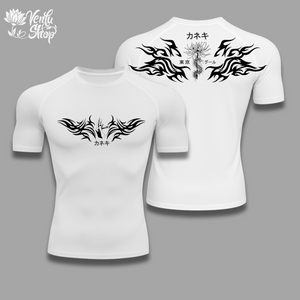 Kaneki anime-inspired White t-shirt with black tribal designs and text on a gray background