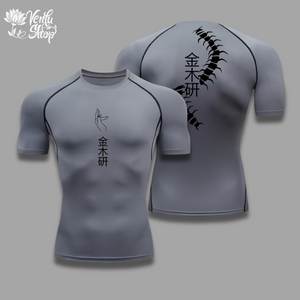  Kaneki Compression Shirt 2.0 A black short sleeve compression shirt with white anime-style character designs and a pattern on the back.