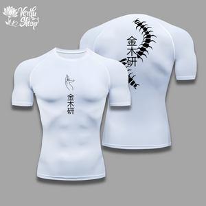  Kaneki Compression Shirt 2.0  A black short sleeve compression shirt with white anime-style character designs and a pattern on the back.