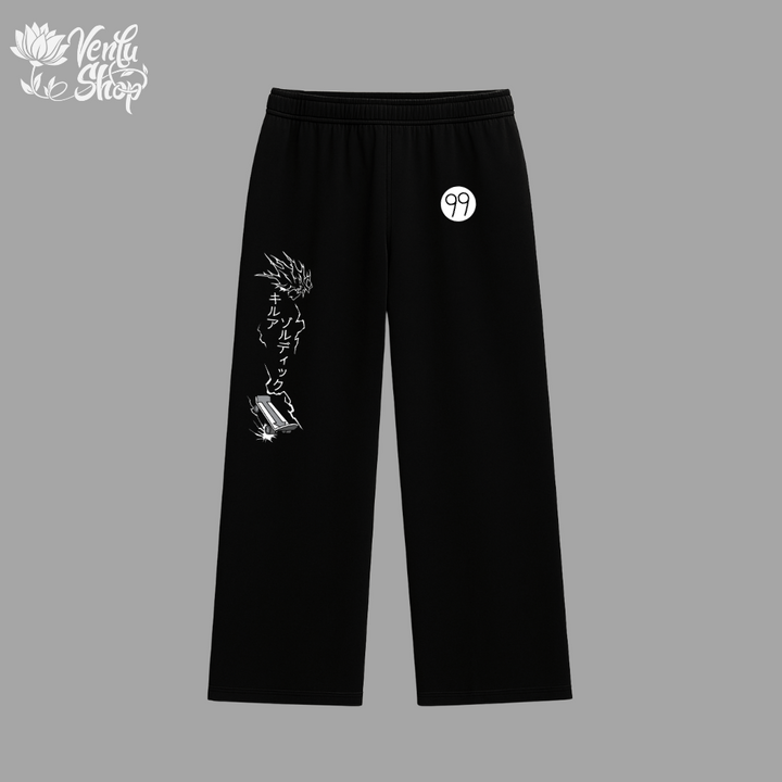 Killua anime-inspired Black pants with white graphics and text on a gray background