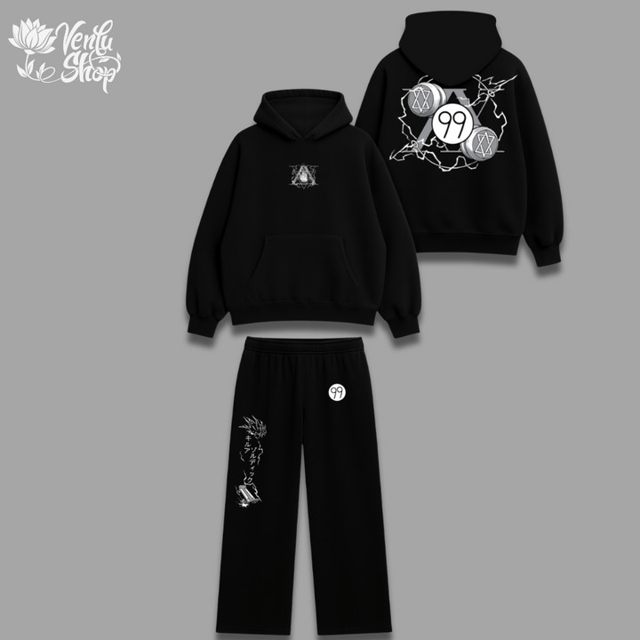 Killua anime-inspired Black hoodie and pants set with white designs on a gray background, featuring the Verda Hop logo.