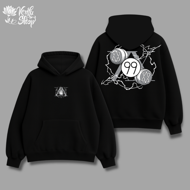 Killua anime-inspired Black hoodie with white graphic design on a gray background
