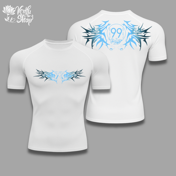 Killua Zoldyck anime-inspired  White t-shirt with blue and black designs on a gray background