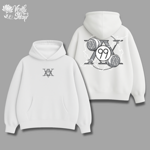 Killua anime-inspired White hoodie with front and back designs on a gray background
