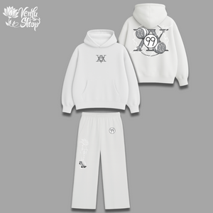 Killua anime-inspired White hoodie and pants set with logos on a gray background, featuring the Veritha logo.