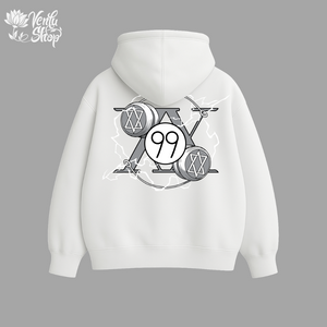 Killua anime-inspired White hoodie with a graphic design on the back against a gray background
