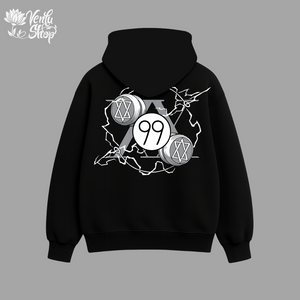 Killua anime-inspired Black hoodie with white graphic design on the back against a gray background