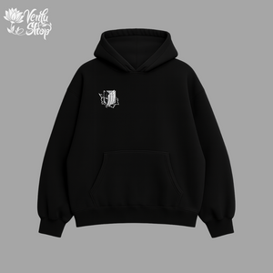 Levi anime-inspired Black hoodie with a small white logo on the chest against a gray background