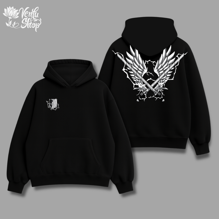 Levi anime-inspired Black hoodie with white eagle design on the back, displayed on a gray background.