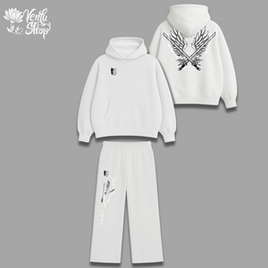 Levi anime-inspired White hoodie and pants set with graphic designs on a gray background