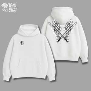 Levi anime-inspired White hoodie with black eagle design on a gray background