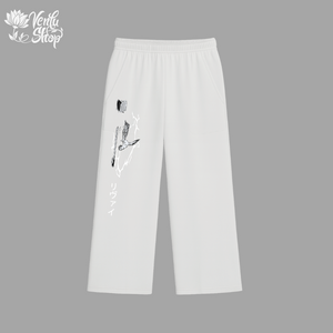 Levi anime-inspired White pants with black embroidery on a gray background