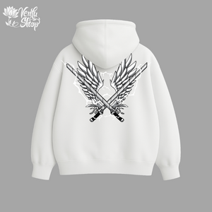 Levi anime-inspired White hoodie with black winged sword design on a gray background